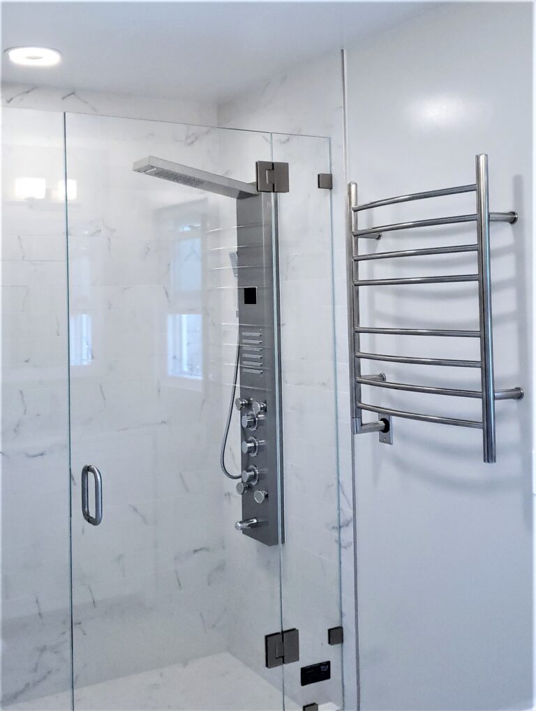 Bathroom Remodel, Custom Accessories, Shower Remodel, Residential Construction, Glass Shower Enclosure, Towel Warmer
