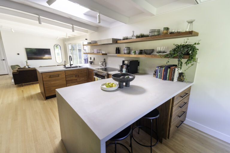 Residential Construction, Home Improvement, Waterfall Edge Countertop, Open Shelving, Floating Shelves, Open Concept Kitchen Home Remodel