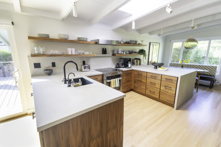 Residential Construction, Home Improvement, Waterfall Edge Countertop, Open Shelving, Floating Shelves, Open Concept Kitchen Home Remodel