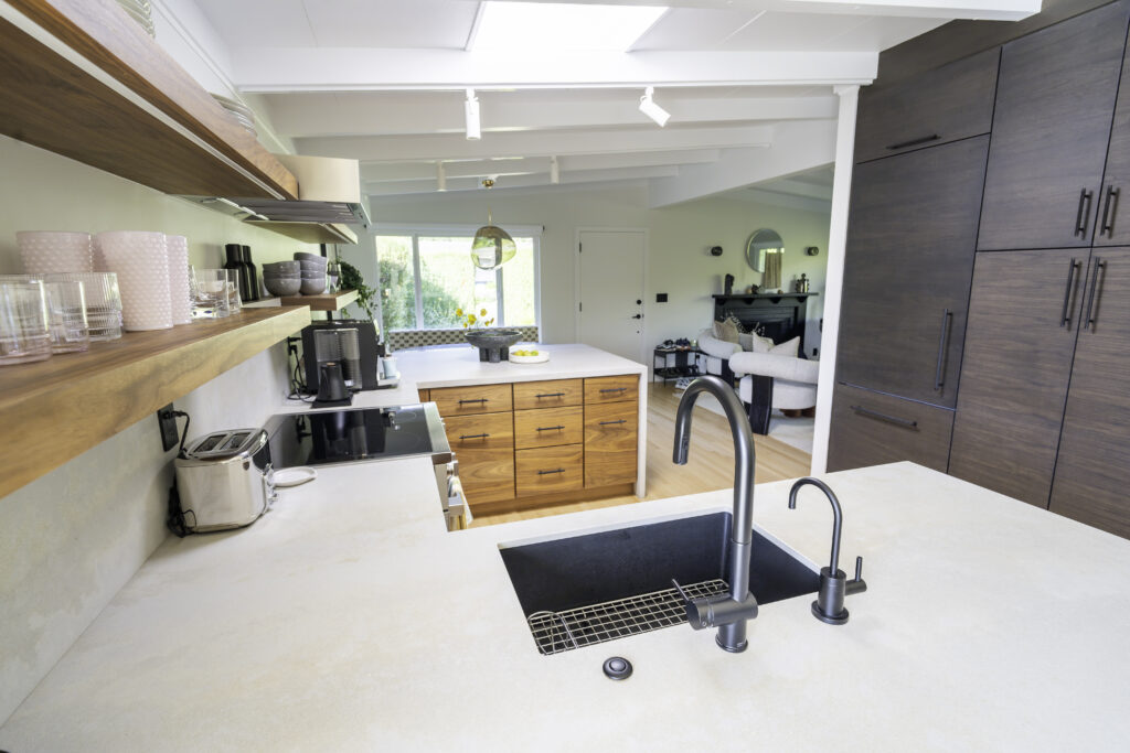 Home Remodel Kitchen, Floating Shelves, Waterfall Edge Countertop, Open Concept Kitchen Remodel, Custom Cabinetry, Residential Construction, Home Improvement