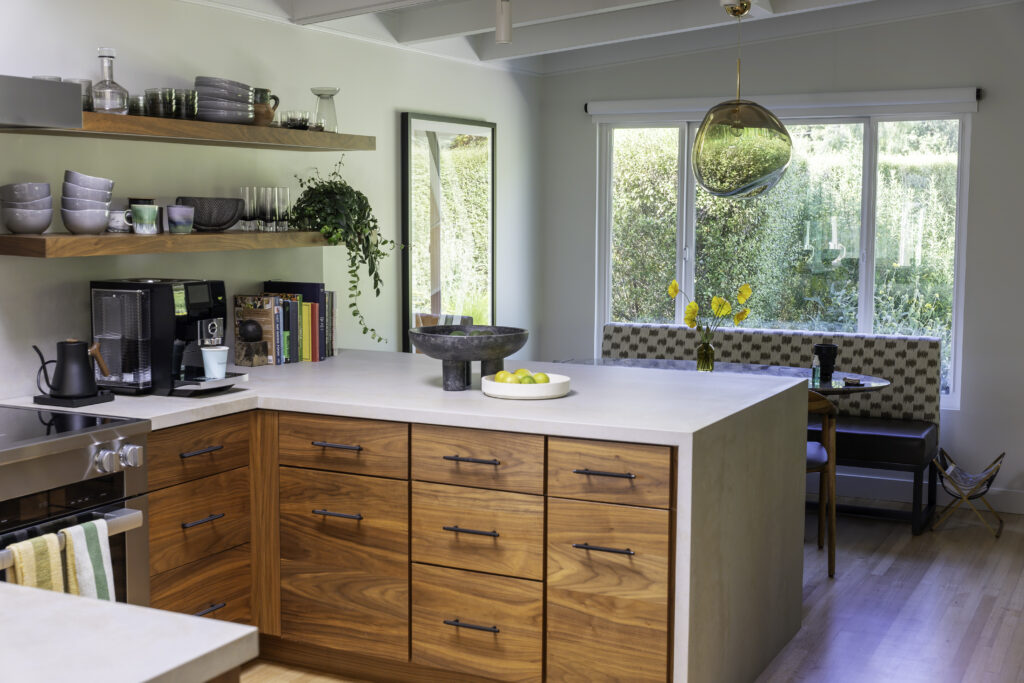 Residential Construction, Home Improvement, Waterfall Edge Countertop, Open Shelving, Floating Shelves, Open Concept Kitchen Home Remodel