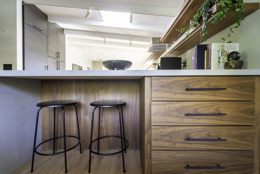 Custom Cabinetry, kitchen remodel, floating shelves, waterfall edge, wood finish