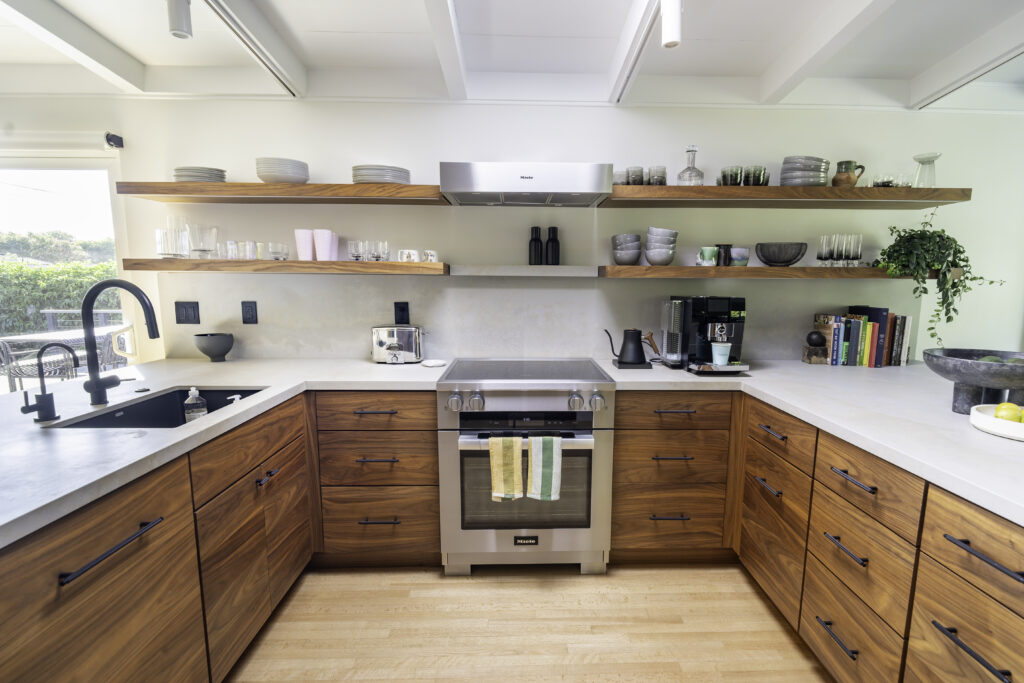 Residential Construction, Home Improvement, Waterfall Edge Countertop, Open Shelving, Floating Shelves, Open Concept Kitchen Home Remodel
