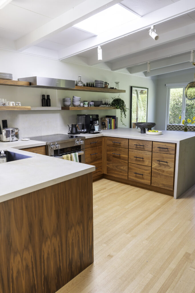 Residential Construction, Home Improvement, Waterfall Edge Countertop, Open Shelving, Floating Shelves, Open Concept Kitchen Home Remodel