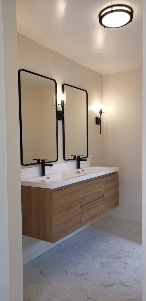 Floating Double Vanity, Home Bathroom Remodel, Residential Construction, New Flooring, Contemporary