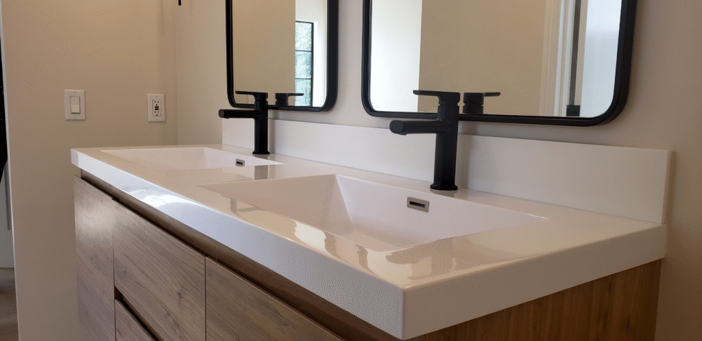 Floating Double Vanity, Home Bathroom Remodel, Residential Construction, New Flooring, Contemporary
